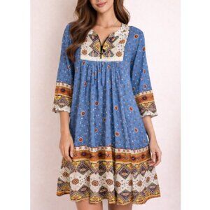 Beech Tree Women's Blue Orange Floral Bohemian Tunic Dress Size 14